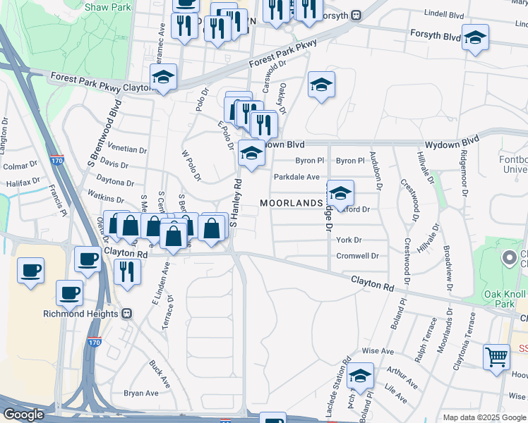 map of restaurants, bars, coffee shops, grocery stores, and more near 765 Westwood Drive in Clayton
