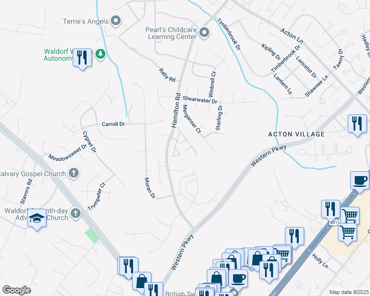 map of restaurants, bars, coffee shops, grocery stores, and more near 2724 Poe Place in Waldorf