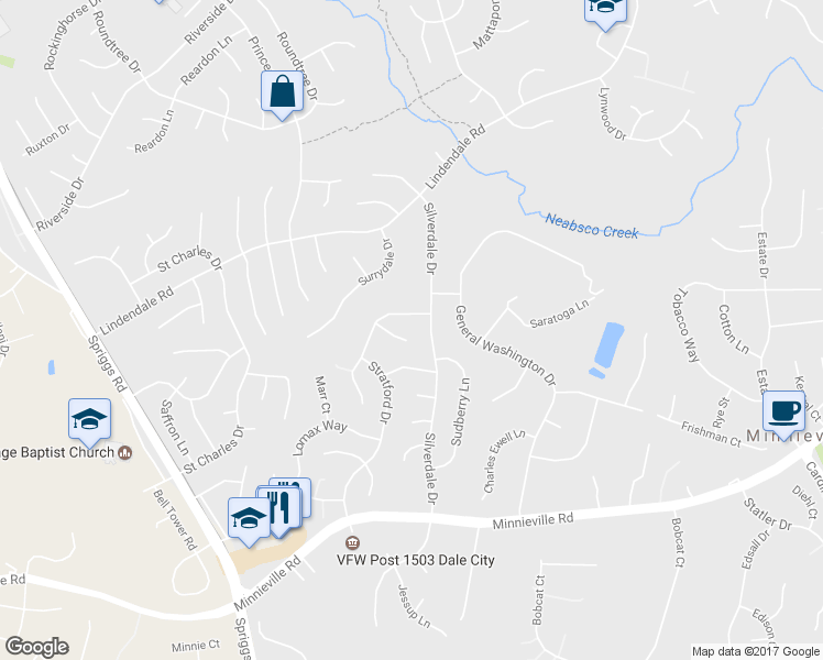 map of restaurants, bars, coffee shops, grocery stores, and more near 5382 Shamus Court in Woodbridge
