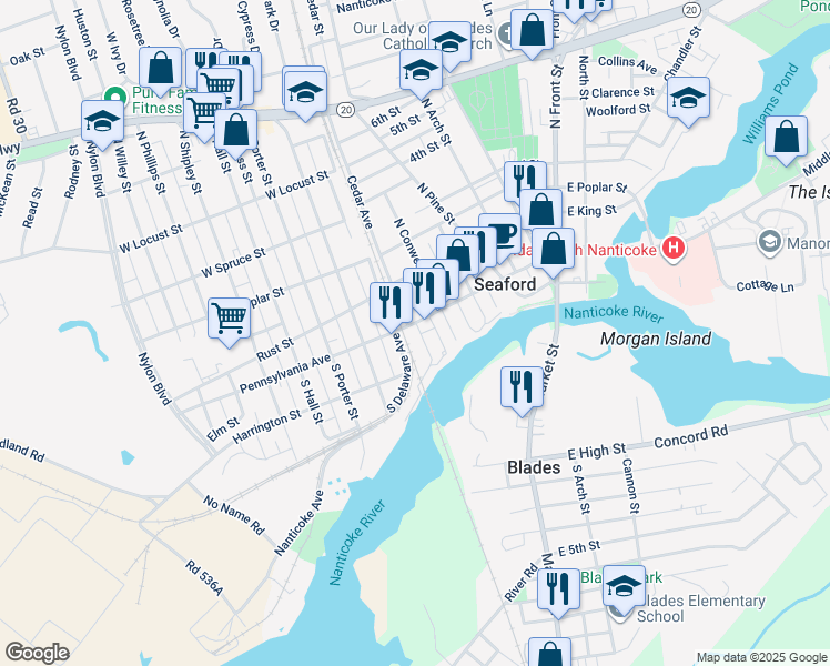 map of restaurants, bars, coffee shops, grocery stores, and more near 105 High Street in Seaford