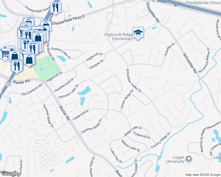 map of restaurants, bars, coffee shops, grocery stores, and more near 15520 Easy Ridge Court in Chesterfield