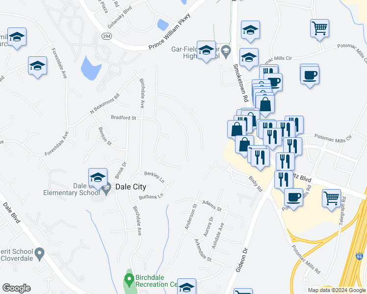 map of restaurants, bars, coffee shops, grocery stores, and more near 14332 Belleville Avenue in Woodbridge