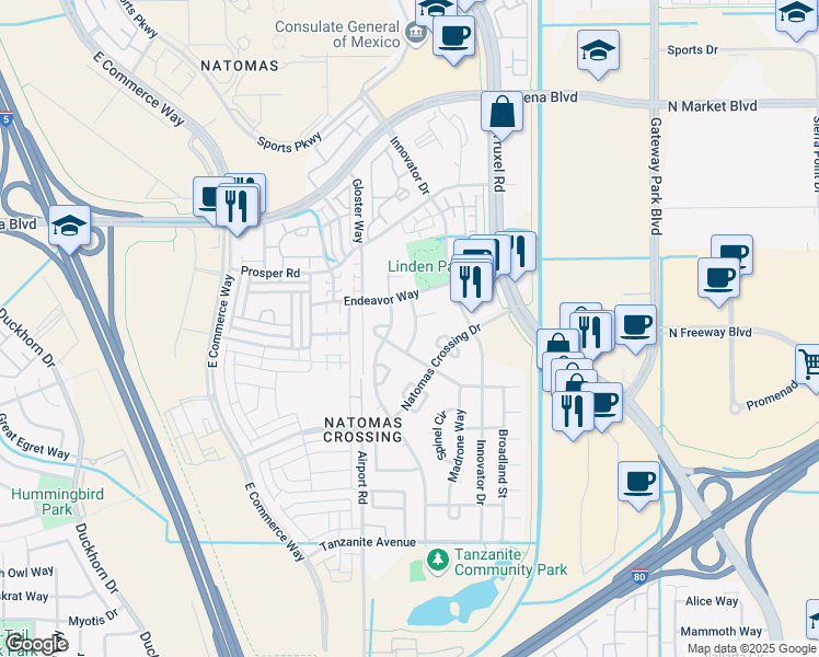 map of restaurants, bars, coffee shops, grocery stores, and more near 3918 Ginko Way in Sacramento