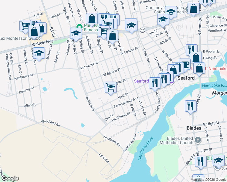 map of restaurants, bars, coffee shops, grocery stores, and more near 204 North Shipley Street in Seaford