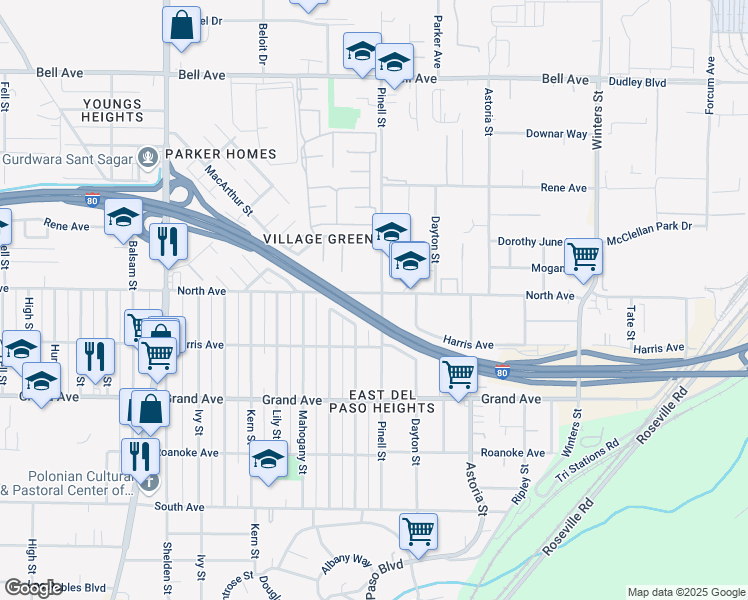map of restaurants, bars, coffee shops, grocery stores, and more near 3941 Pinell Street in Sacramento