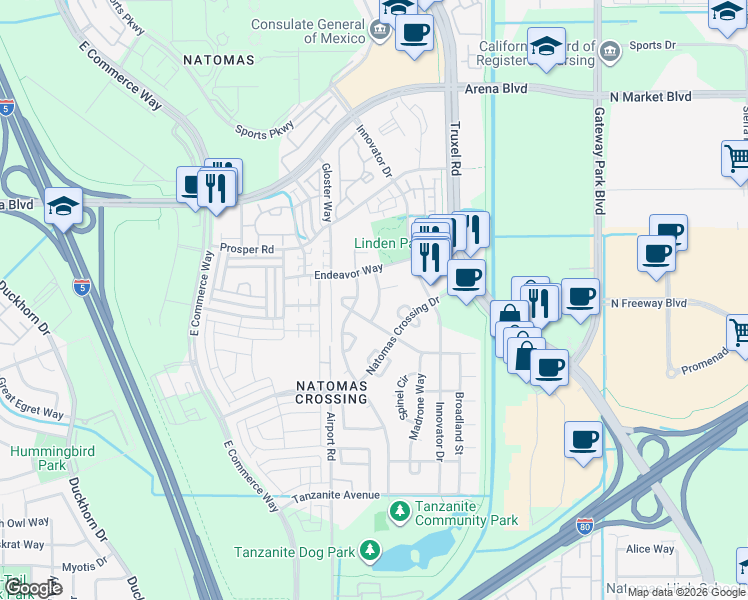 map of restaurants, bars, coffee shops, grocery stores, and more near 3929 Ginko Way in Sacramento
