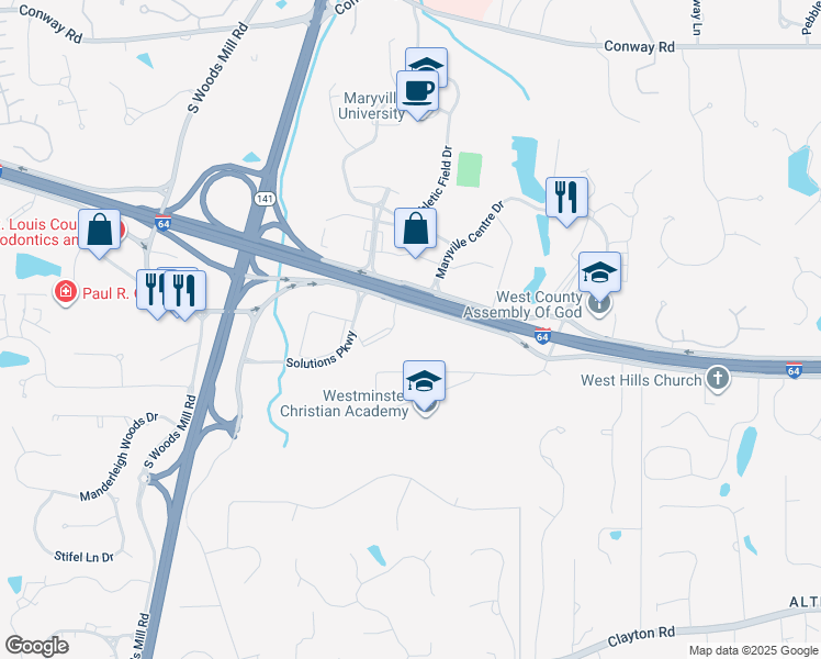 map of restaurants, bars, coffee shops, grocery stores, and more near 13590 South Outer Forty Road in Chesterfield