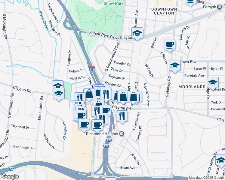 map of restaurants, bars, coffee shops, grocery stores, and more near 8050 Watkins Drive in Clayton