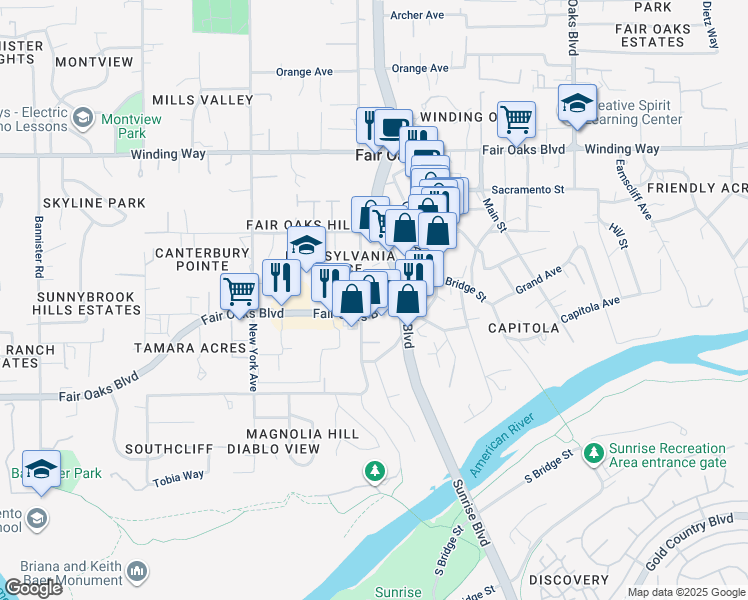 map of restaurants, bars, coffee shops, grocery stores, and more near 9849 Fair Oaks Boulevard in Fair Oaks