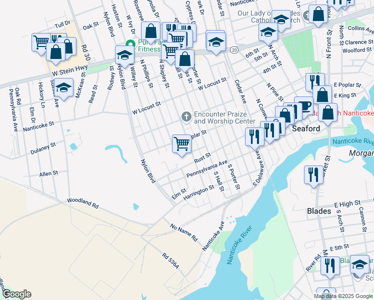 map of restaurants, bars, coffee shops, grocery stores, and more near 204 North Shipley Street in Seaford
