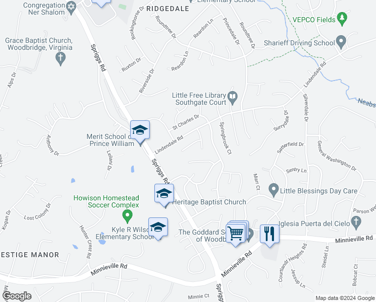 map of restaurants, bars, coffee shops, grocery stores, and more near 5649 Smallwood Court in Woodbridge