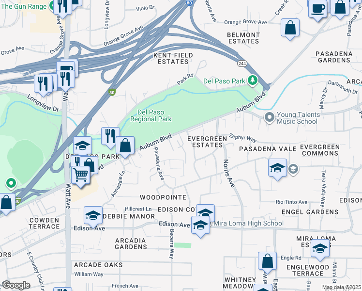 map of restaurants, bars, coffee shops, grocery stores, and more near 4137 Beresford Way in Sacramento