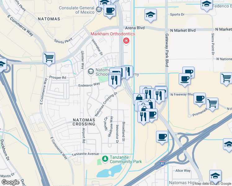 map of restaurants, bars, coffee shops, grocery stores, and more near 4500 Natomas Central Drive in Sacramento