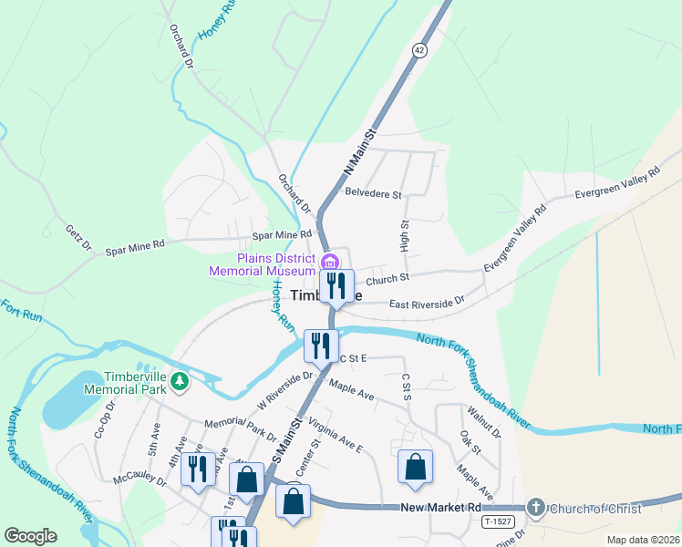 map of restaurants, bars, coffee shops, grocery stores, and more near 189 Community Circle in Timberville