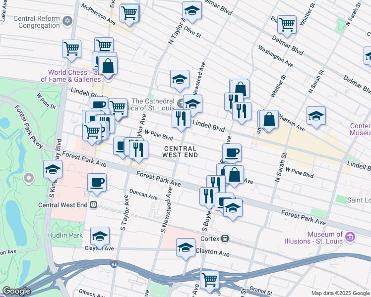 map of restaurants, bars, coffee shops, grocery stores, and more near in St. Louis