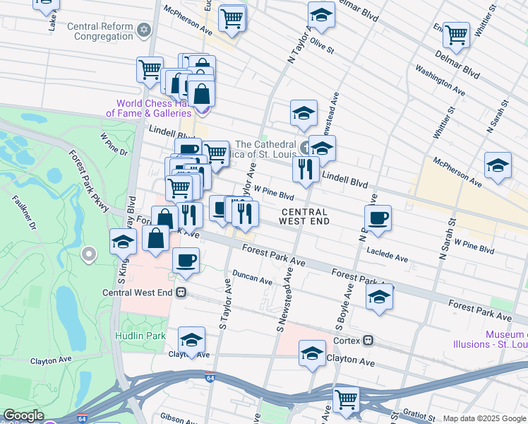map of restaurants, bars, coffee shops, grocery stores, and more near 4487 Laclede Avenue in St. Louis