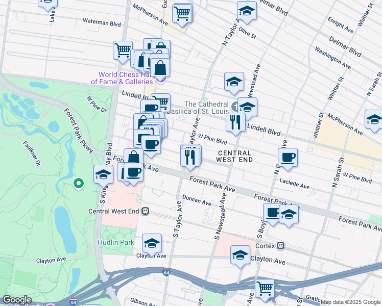 map of restaurants, bars, coffee shops, grocery stores, and more near 4487 Laclede Avenue in St. Louis