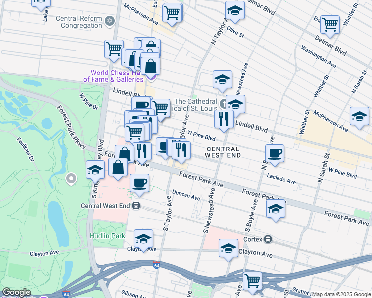 map of restaurants, bars, coffee shops, grocery stores, and more near 4487 Laclede Avenue in St. Louis