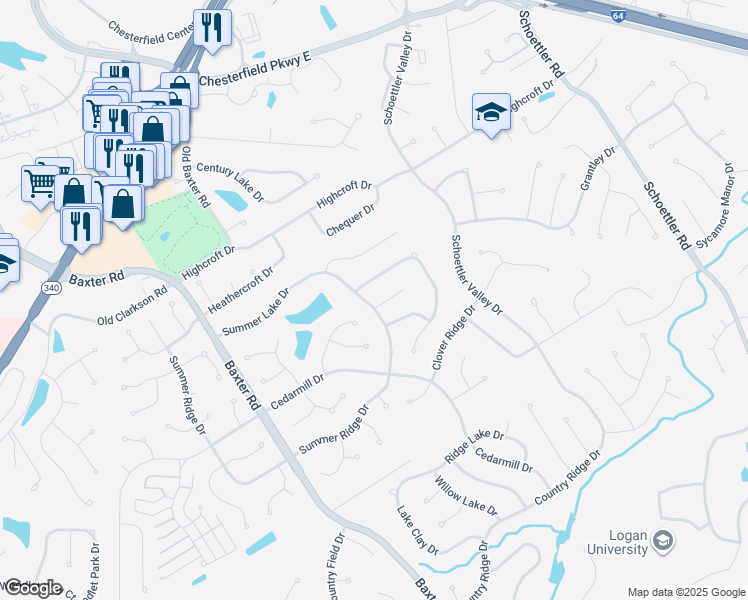 map of restaurants, bars, coffee shops, grocery stores, and more near 1761 Summer Lake Drive in Chesterfield
