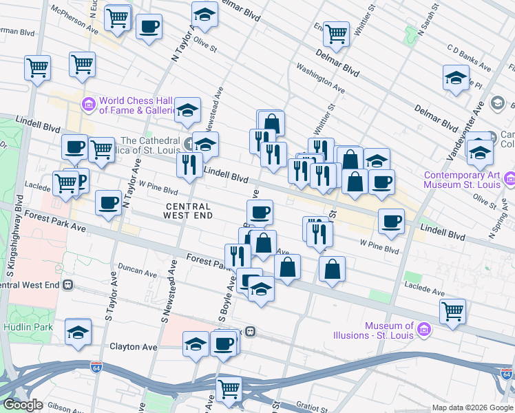 map of restaurants, bars, coffee shops, grocery stores, and more near 4255 West Pine Boulevard in St. Louis