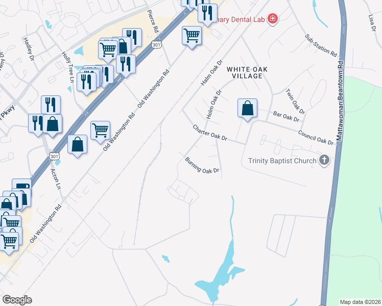 map of restaurants, bars, coffee shops, grocery stores, and more near 12207 Holm Oak Drive in Waldorf