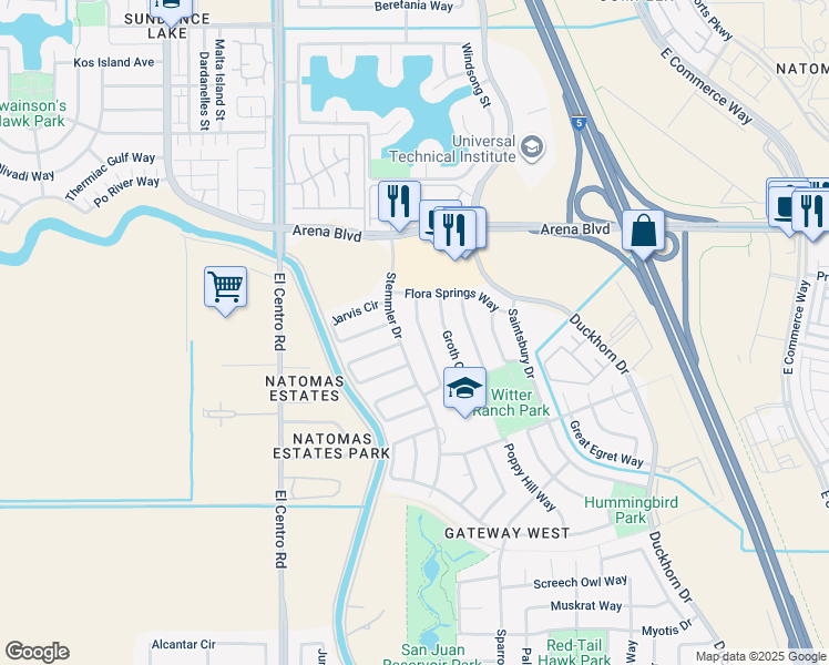map of restaurants, bars, coffee shops, grocery stores, and more near 3865 Aetna Springs Way in Sacramento