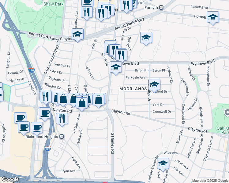 map of restaurants, bars, coffee shops, grocery stores, and more near 800 South Hanley Road in Clayton