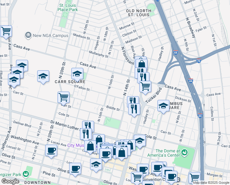map of restaurants, bars, coffee shops, grocery stores, and more near 1500 Preservation Place in St. Louis
