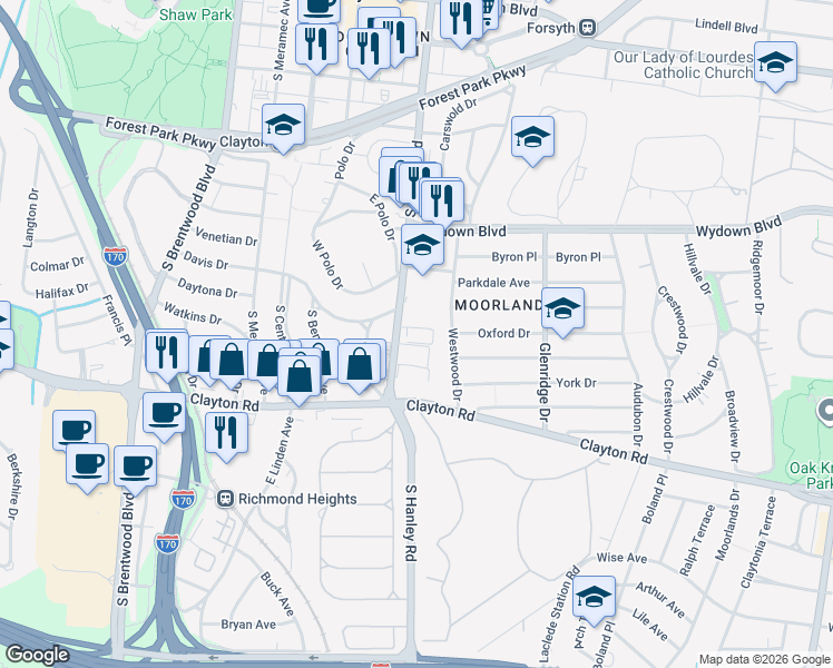 map of restaurants, bars, coffee shops, grocery stores, and more near 800 South Hanley Road in Clayton