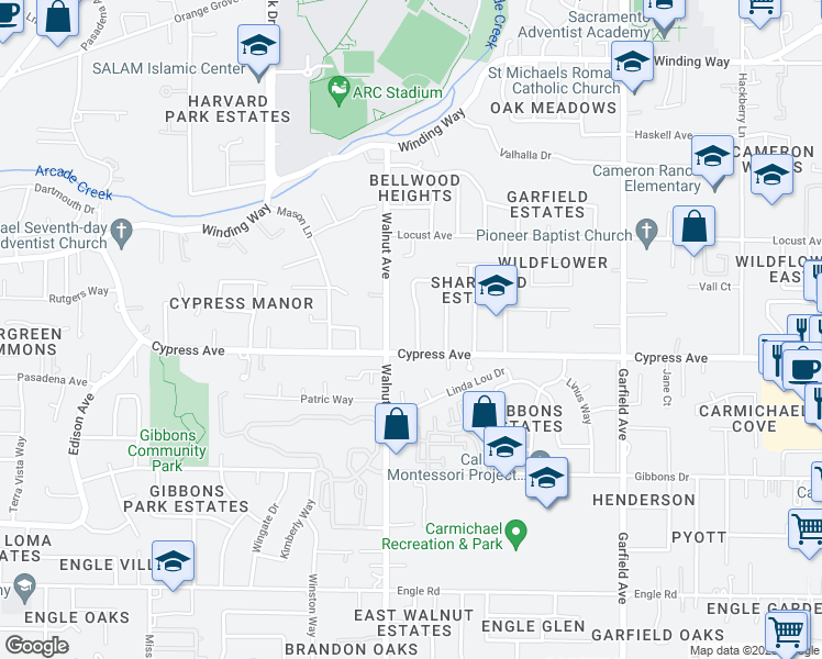map of restaurants, bars, coffee shops, grocery stores, and more near 4316 Tyrone Way in Carmichael