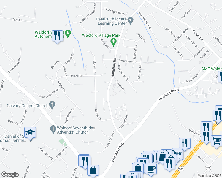 map of restaurants, bars, coffee shops, grocery stores, and more near 2654 Stanford Place in Waldorf