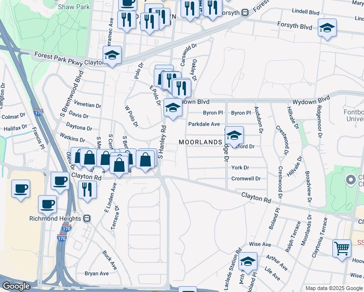 map of restaurants, bars, coffee shops, grocery stores, and more near 7569 Oxford Drive in Clayton