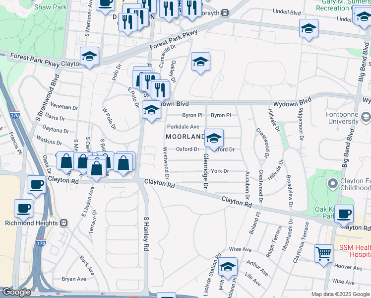 map of restaurants, bars, coffee shops, grocery stores, and more near in Clayton