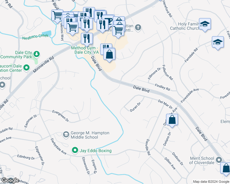 map of restaurants, bars, coffee shops, grocery stores, and more near 4003 Forestdale Avenue in Woodbridge