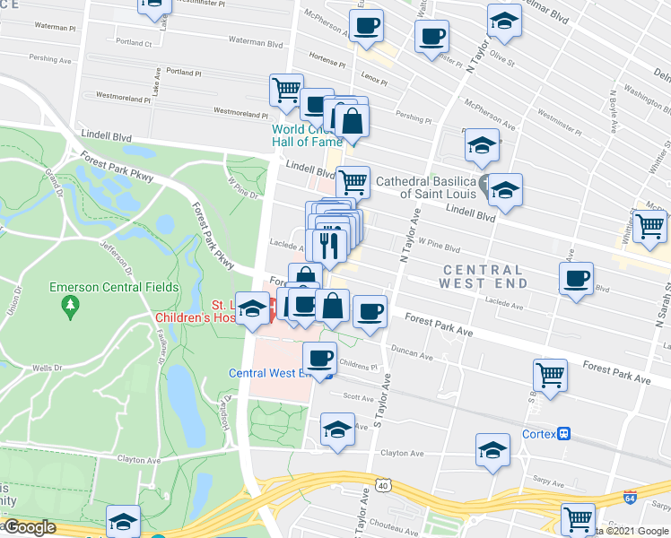 map of restaurants, bars, coffee shops, grocery stores, and more near 4904 Laclede Avenue in St. Louis