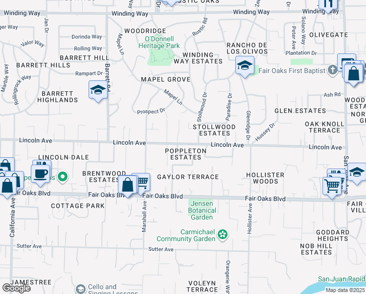 map of restaurants, bars, coffee shops, grocery stores, and more near 6820 Lincoln Avenue in Carmichael