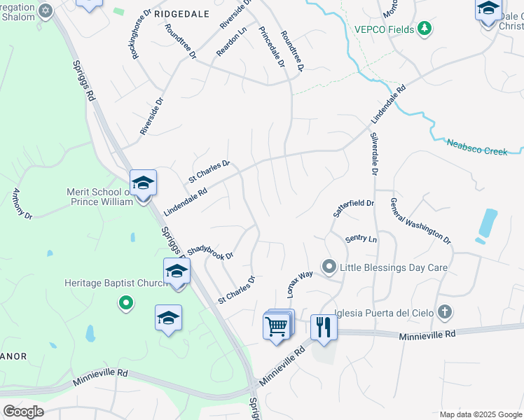 map of restaurants, bars, coffee shops, grocery stores, and more near 14370 Springbrook Court in Woodbridge