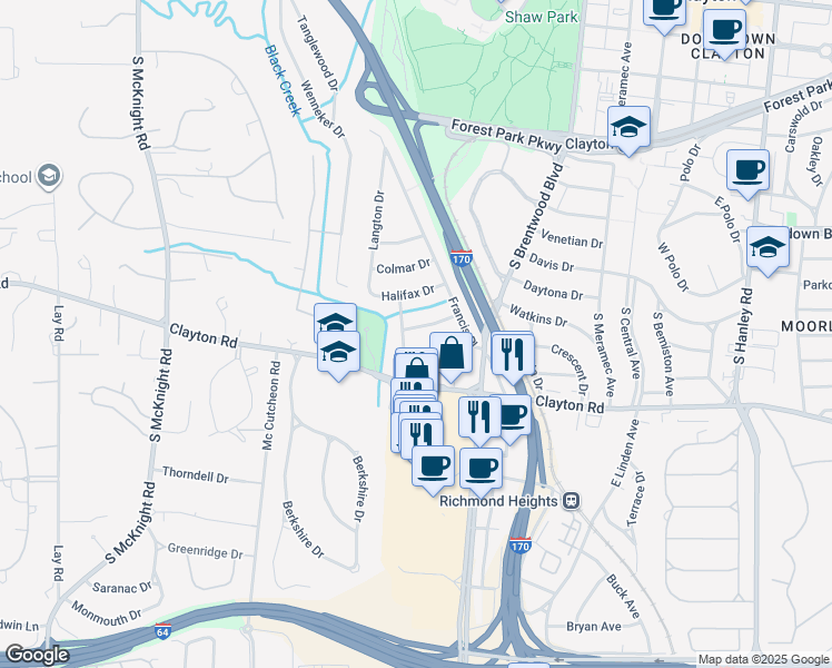 map of restaurants, bars, coffee shops, grocery stores, and more near 8130 Roxburgh Drive in Clayton