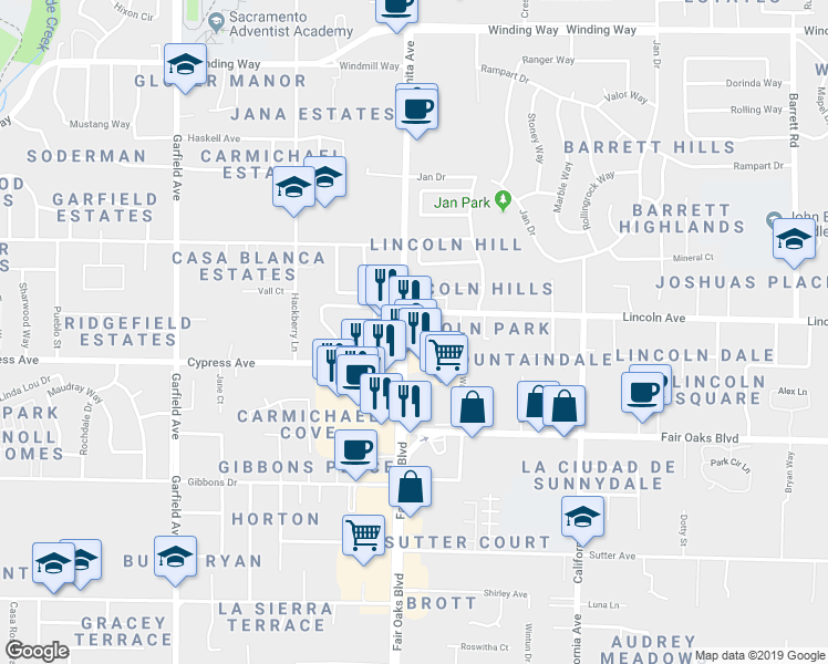 map of restaurants, bars, coffee shops, grocery stores, and more near 4126-4156 Manzanita Avenue in Carmichael