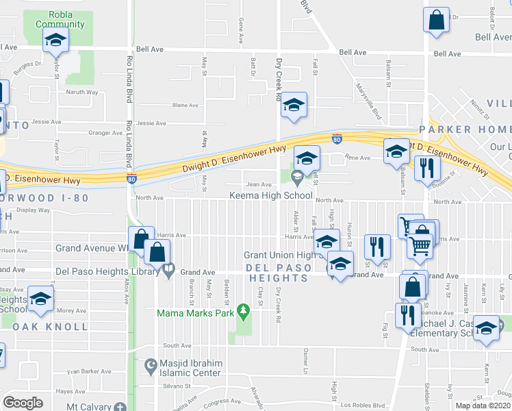 map of restaurants, bars, coffee shops, grocery stores, and more near 3941 Clay Street in Sacramento