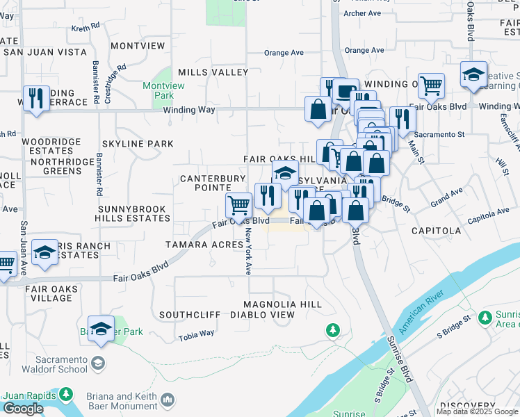 map of restaurants, bars, coffee shops, grocery stores, and more near 4110 New York Avenue in Fair Oaks