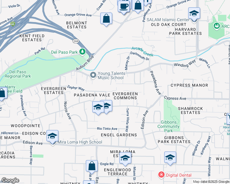 map of restaurants, bars, coffee shops, grocery stores, and more near 4348 Zephyr Way in Sacramento