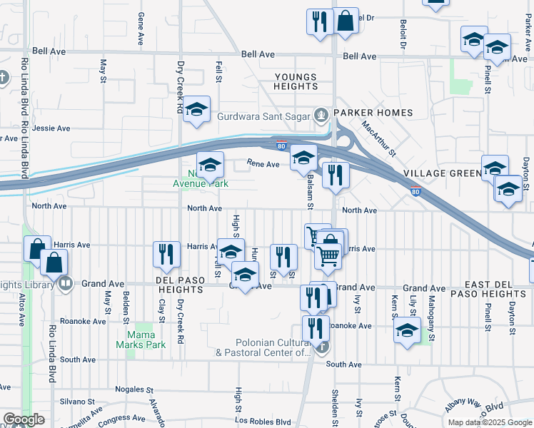 map of restaurants, bars, coffee shops, grocery stores, and more near 1504 North Avenue in Sacramento