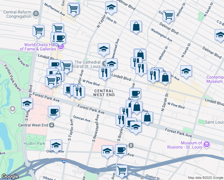 map of restaurants, bars, coffee shops, grocery stores, and more near 4364 West Pine Boulevard in St. Louis