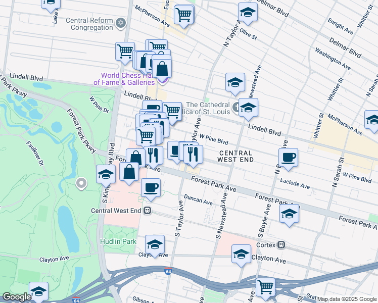 map of restaurants, bars, coffee shops, grocery stores, and more near in St. Louis