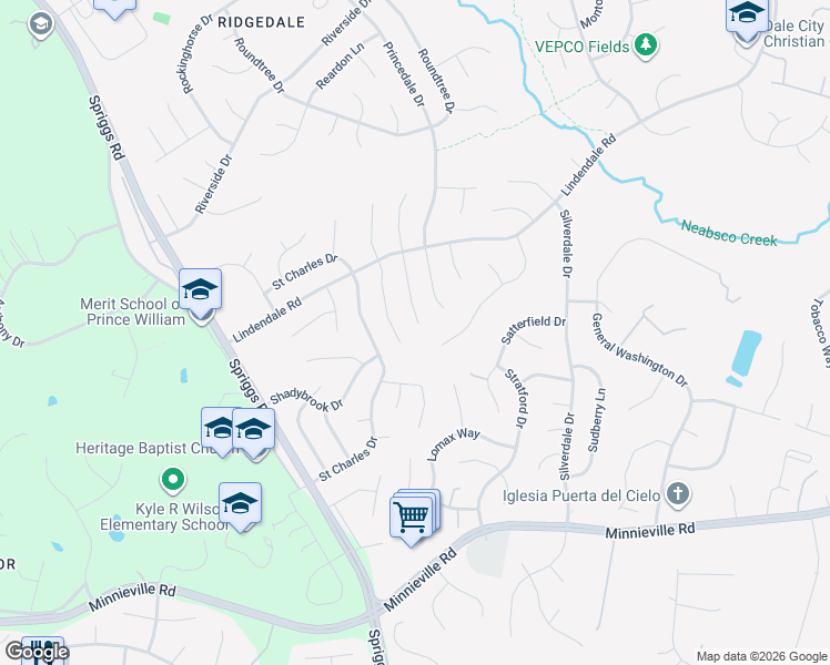 map of restaurants, bars, coffee shops, grocery stores, and more near 14374 Southgate Court in Woodbridge