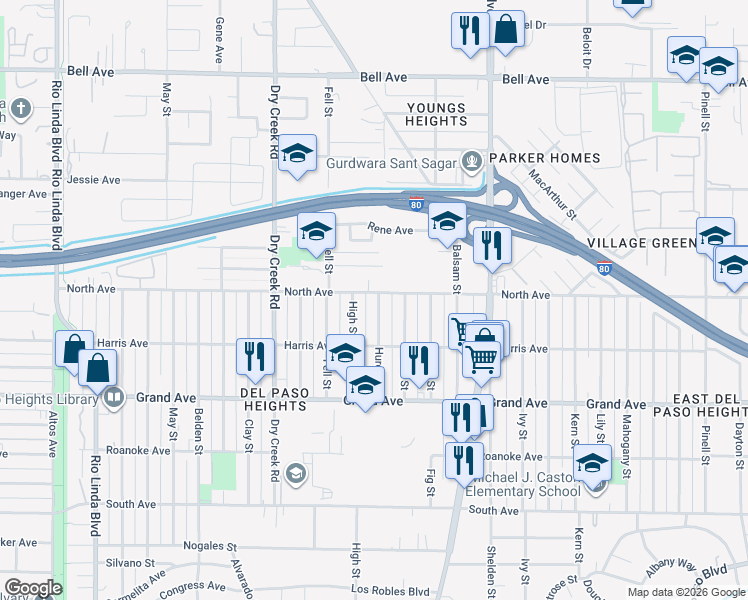 map of restaurants, bars, coffee shops, grocery stores, and more near 1412 North Avenue in Sacramento