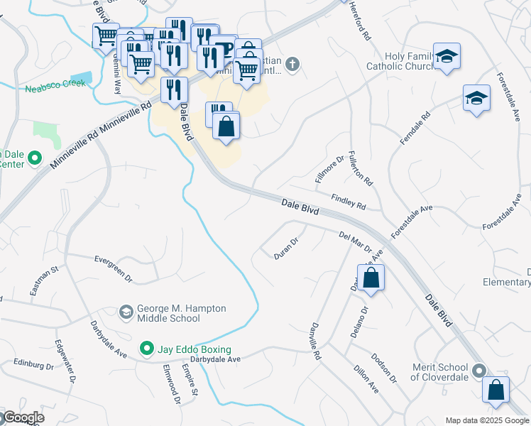 map of restaurants, bars, coffee shops, grocery stores, and more near 4081 Dale Boulevard in Woodbridge