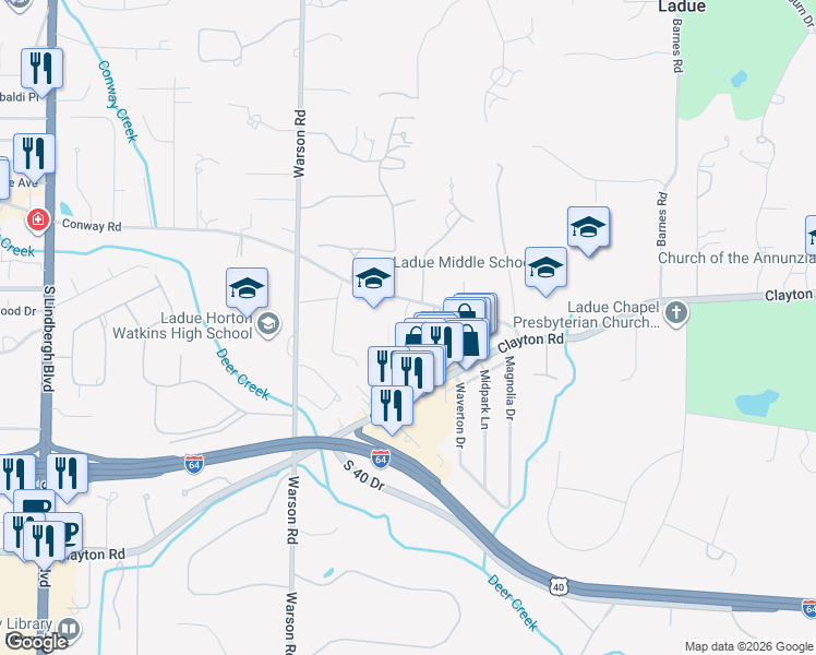 map of restaurants, bars, coffee shops, grocery stores, and more near 4 Glocca Mora Lane in St. Louis