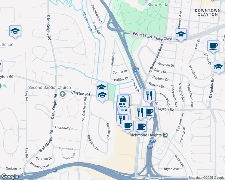 map of restaurants, bars, coffee shops, grocery stores, and more near 3 Haddington Court in Clayton